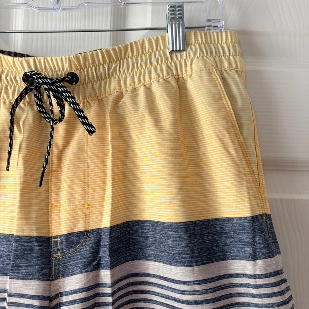 Hurley Mens Large Striped Board Shorts Yellow Blue Grey Elastic Waist Swim Trunk